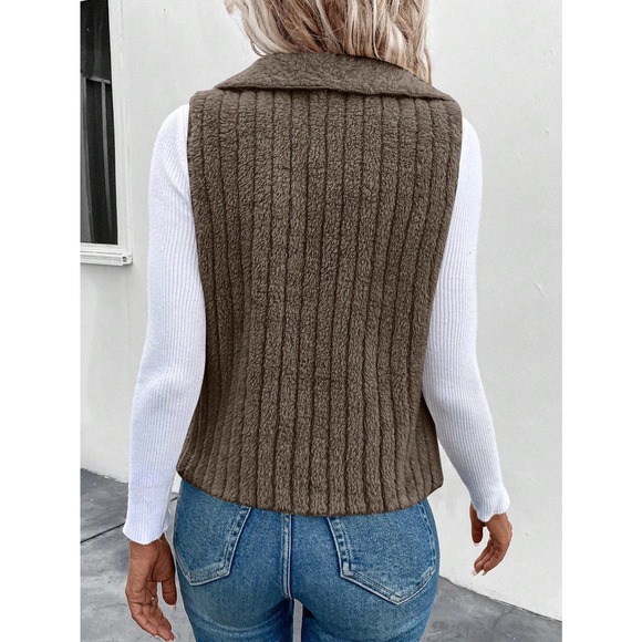 ribbed knit Waterfall Collar Open Front teddy Vest - Picture 4 of 5